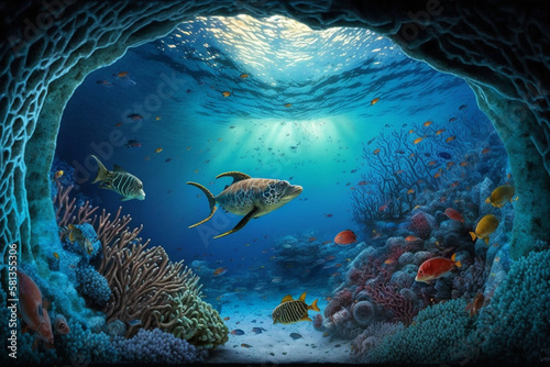 Tropical seabed with a reef and sunshine creates an underwater scene. AI