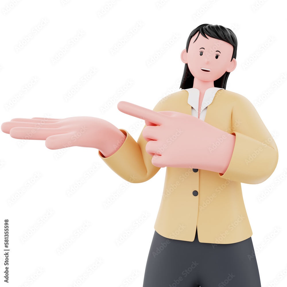 3D Character Businesswoman presenting something left