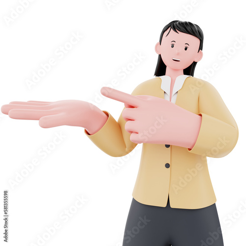 3D Character Businesswoman presenting something left