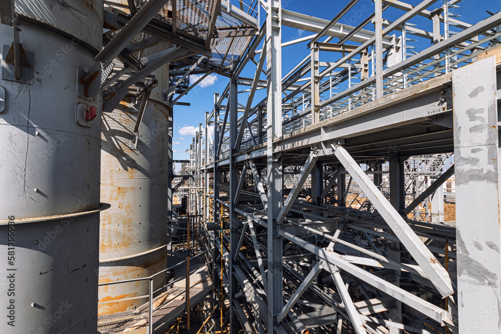 View of the new technological overpass, metal structures and column block at the new refinery