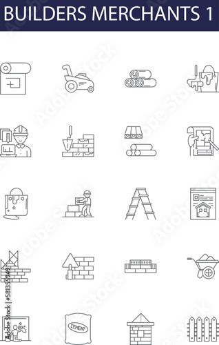 Builders merchants 1 line vector icons and signs. merchants, supplies, construction, materials, tools, cement, bricks, timber outline vector illustration set