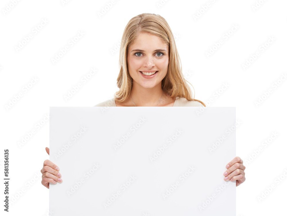 Shell help spread your message. Studio portrait of an attractive woman holding up a blank placard isolated on white. Shell help spread your message. Studio portrait of an attractive woman holding up a blank placard isolated on white.