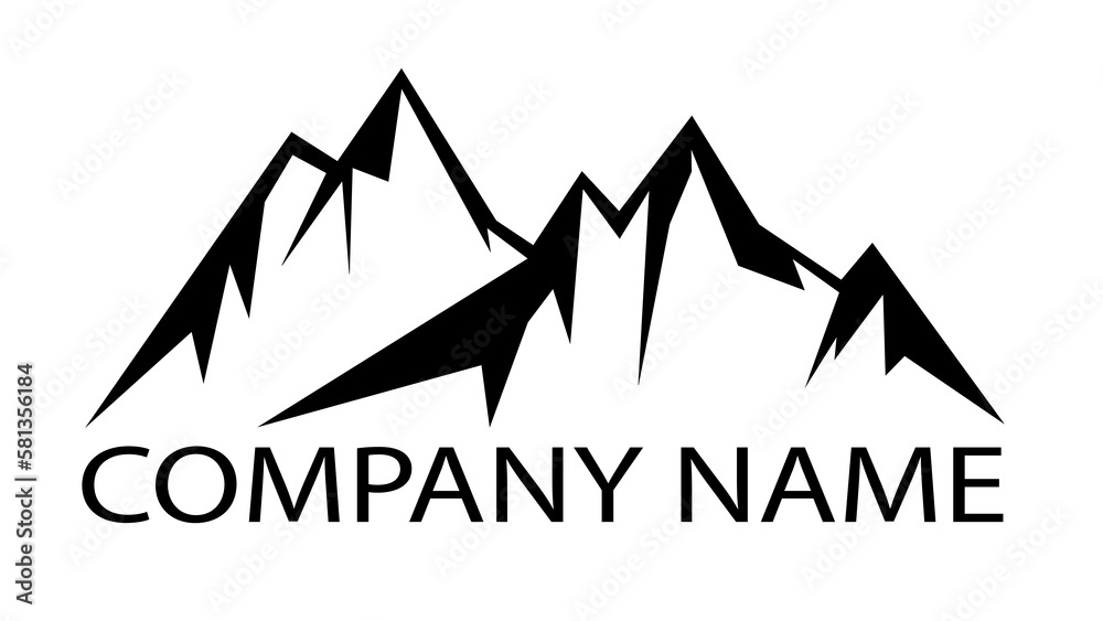 Black silhouette of mountains peaks landscape banner panorama illustration adventure travel icon vector for logo, isolated on white background, with example text