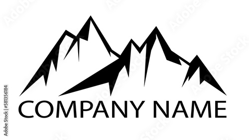 Black silhouette of mountains peaks landscape banner panorama illustration adventure travel icon vector for logo, isolated on white background, with example text