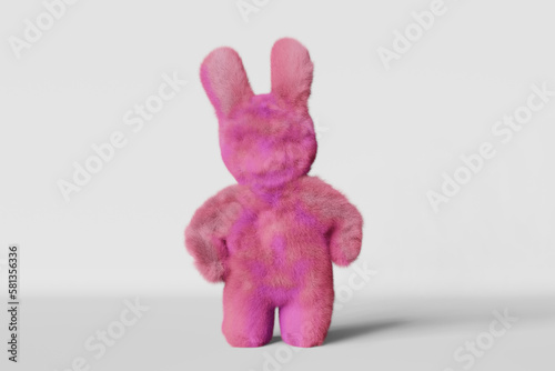 Cute plush pink Easter bunny white background greeting card 3d rendering. Purple furry rabbit contemporary creative style. Kids birthday party invitation design. Social media spring content template.