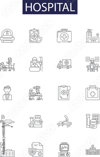 Hospital line vector icons and signs. Medicine, Treatment, Care, Doctor, Emergency, Illness, Outpatient, Surgery outline vector illustration set