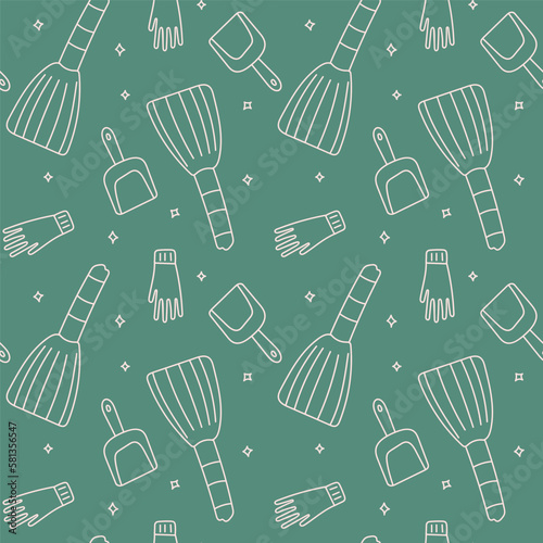 Seamless pattern of a broom, dustpan, rubber glove. Cleaning, sweeping. Vector illustration in doodle style.