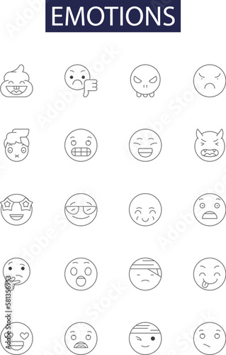 Emotions line vector icons and signs. Joy, Fear, Love, Hate, Anxiety, Surprise, Sadness, Disgust outline vector illustration set