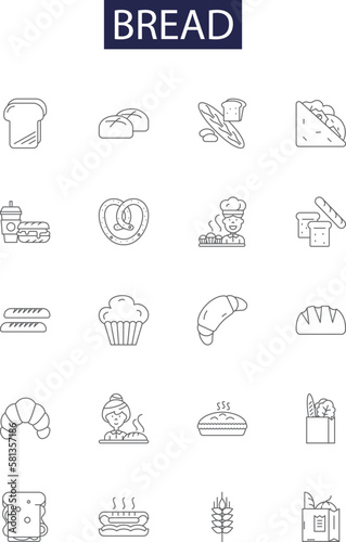 Bread line vector icons and signs. Baker, Yeast, Sourdough, Rye, Wheat, Toast, Rolls, Baguette outline vector illustration set