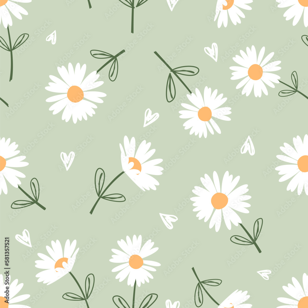 Seamless pattern with daisy flower and hand drawn hearts on green background vector illustration. Cute floral print.