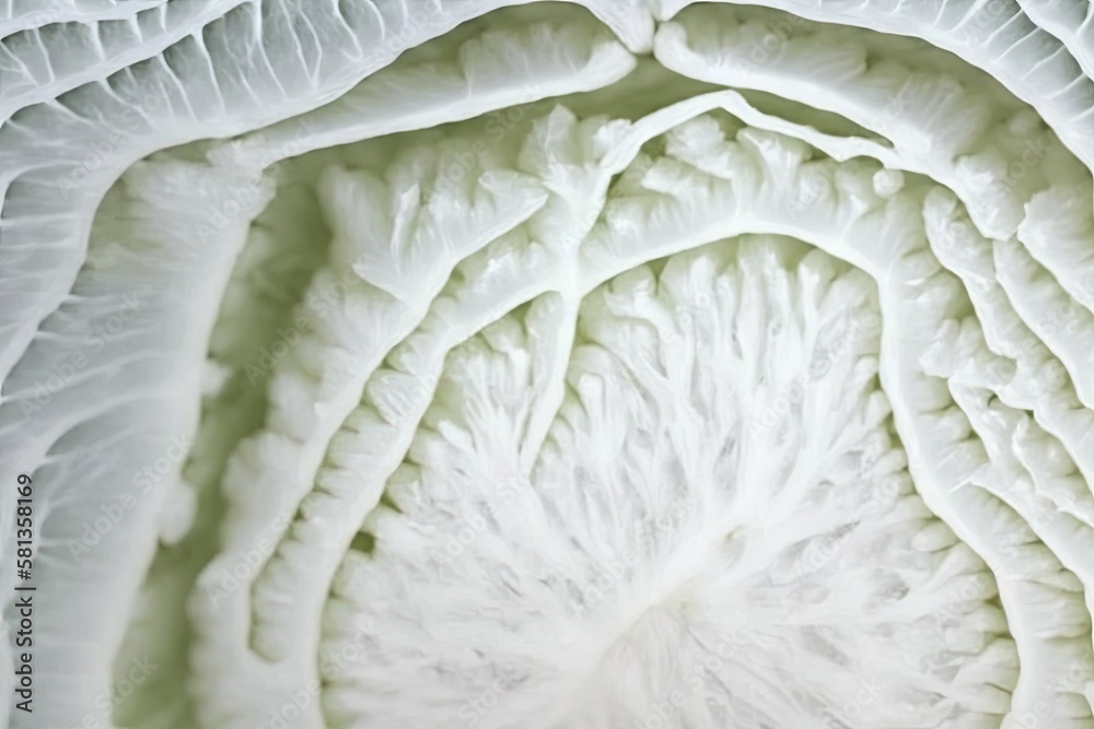 Fototapeta premium Macro shot, background of the white cabbage in the cut. Detailed top view. 1 2 a raw cabbage, texture. Generative AI