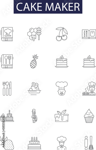 Cake maker line vector icons and signs. Cakemaker, Confectioner, Pastry Chef, Caterer, Decorator, Confection, Icing, Patisserie outline vector illustration set