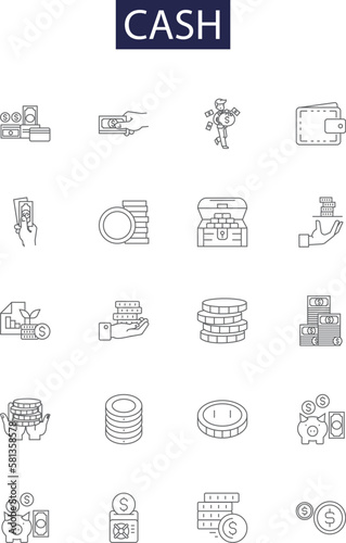 Cash line vector icons and signs. Currency, Capital, Funds, Payment, Cashiers, Coins, NOTE, Bills outline vector illustration set