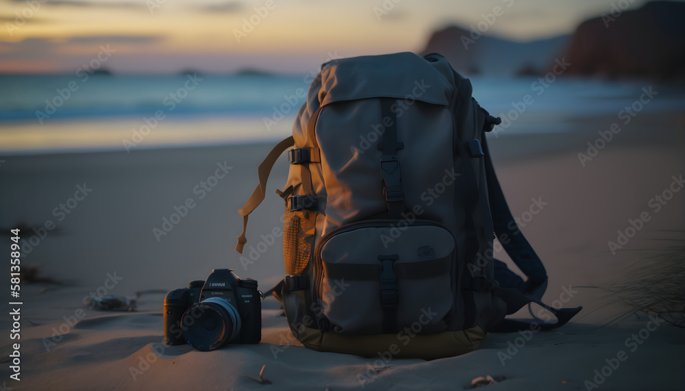 Travel backpack and camera with landscape view of mountain. Tourist concept. Beautiful landscape. Generative AI Travel backpack and camera with landscape view of mountain. Tourist concept. Beautiful landscape. Generative AI