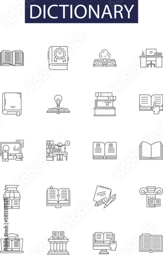 Dictionary line vector icons and signs. Vocabulary, Glossary, Onomasticon, Thesaurus, Roget, Manzoni, Encyclopedia, Concordance outline vector illustration set photo