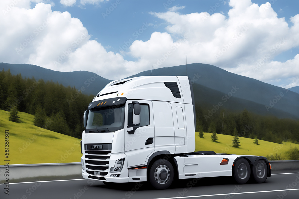 A white truck is driving on the road. Clean and empty space in the side view. Beautiful summer landscape as background, blue sky with clouds, forest and hill. Generative AI.