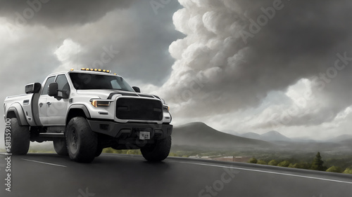 A pickup truck is driving down the road. Dark dramatic landscape as background  gloomy sky with rainy clouds  forest and hill. Generative AI.