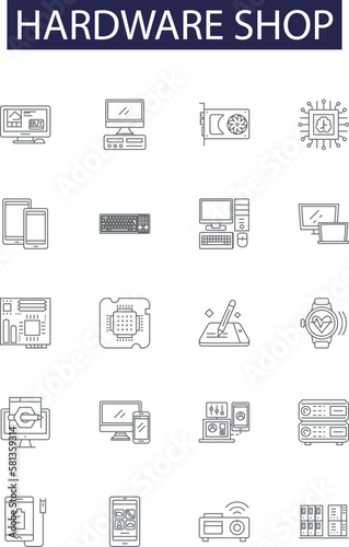 Hardware shop line vector icons and signs. Shop, Supplies, Tools, Building, Nuts, Bolts, Washers, Screws outline vector illustration set
