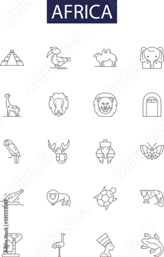 Africa line vector icons and signs. continent, nations, savanna, deserts, wildlife, cultures, safari, jungles outline vector illustration set