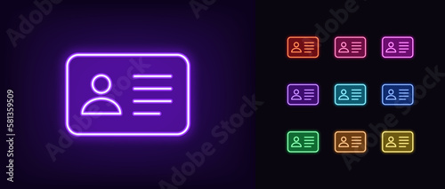 Outline neon ID card icon set. Glowing neon personal ID card, driver license pictogram. National ID document, passport, identification identity, personal badge, work pass, verification.
