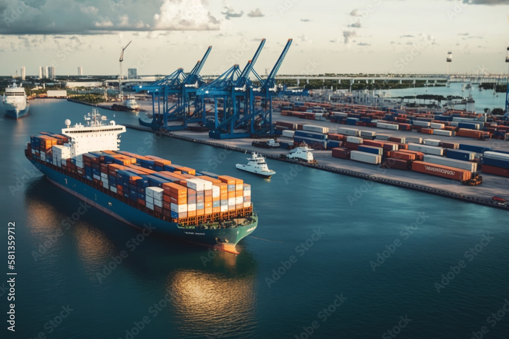 container port with a cargo ship and cranes, Generative AI Stock ...
