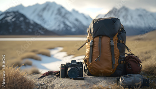 Travel backpack and camera with landscape view of mountain. Tourist concept. Beautiful landscape. Generative AI