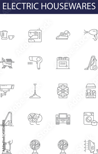 Electric housewares line vector icons and signs. housewares, appliances, irons, mixers, blenders, food processors, toasters, microwaves outline vector illustration set photo