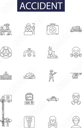 Accident line vector icons and signs. Crash, Smash, Collision, Bump, Smack, Fumble, Slip,Snag outline vector illustration set