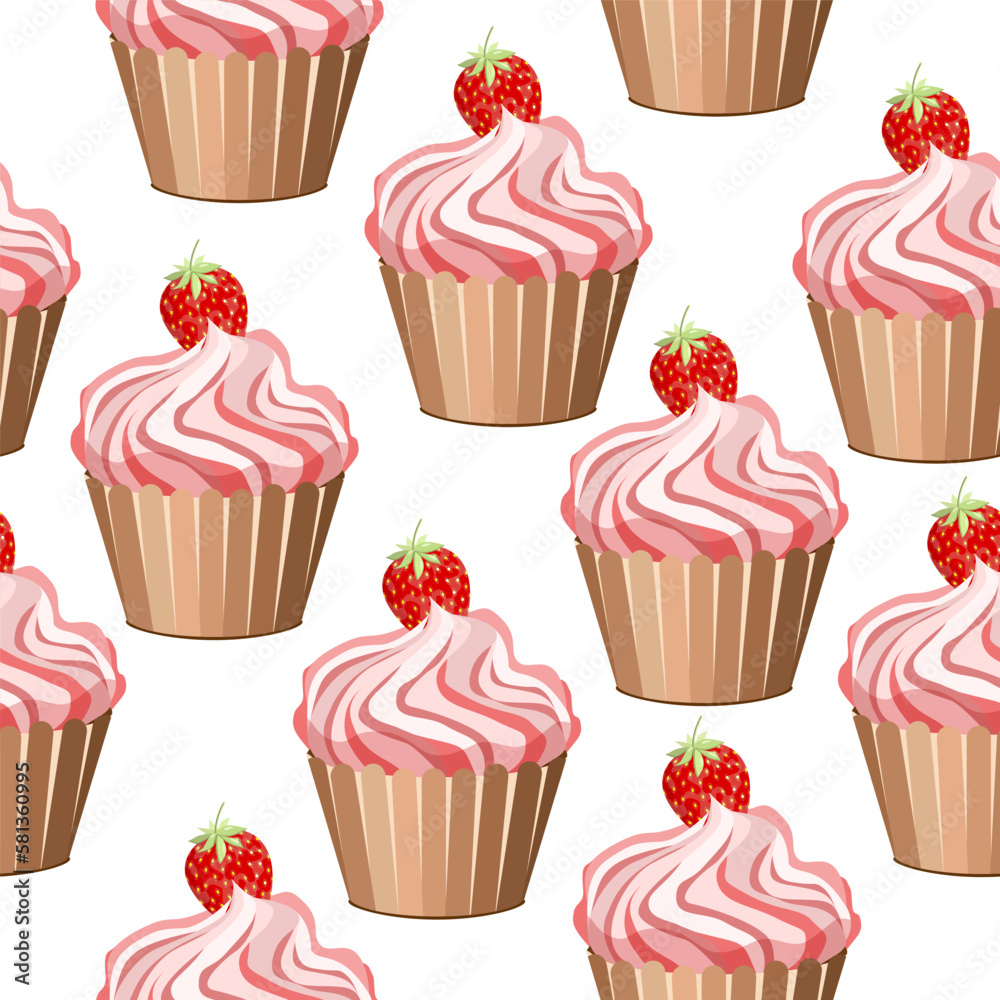 Seamless pattern delicious cream cake decorated with strawberries on a white background.Vector dessert pattern for pastry shops,restaurants,textiles,backgrounds,packages. Seamless pattern delicious cream cake decorated with strawberries on a white background.Vector dessert pattern for pastry shops,restaurants,textiles,backgrounds,packages.