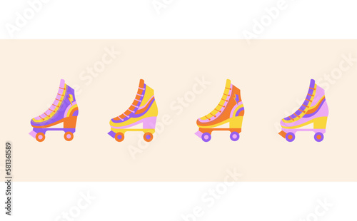 Poster with retro roller skates icon. Sport and disco. Groovy background, bright banner. Old style from 70s and 80s. Vector illustration.
