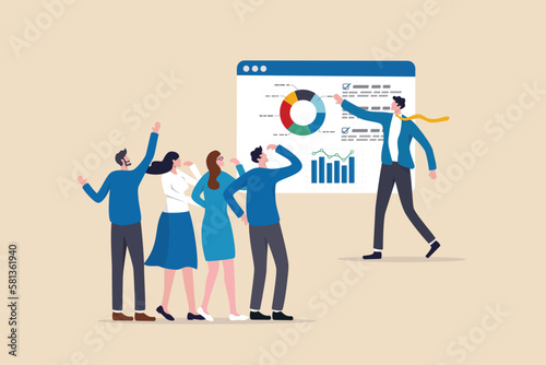 Staff training, seminar or workshop to learn new skills, coaching or team discussion, business course, meeting or consulting concept, smart businessman coaching with presentation to company employees.