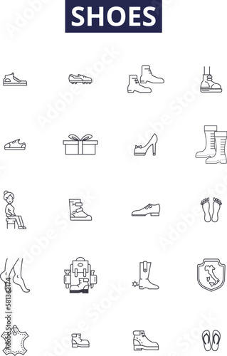 Shoes line vector icons and signs. Footwear, Heels, Flats, Pumps, Sandals, Sneakers, Loafers, Slippers outline vector illustration set