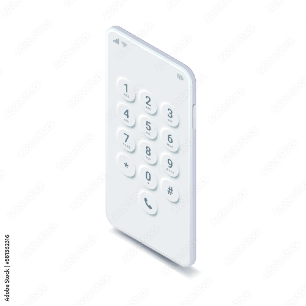 White isometric smartphone mock up. Dial screen on mobile phone. Realistic mobile screen keypad with numbers and letters template. Vector 3D touchscreen device keypad white interface mockup White isometric smartphone mock up. Dial screen on mobile phone. Realistic mobile screen keypad with numbers and letters template. Vector 3D touchscreen device keypad white interface mockup