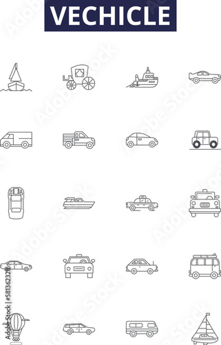 Vechicle line vector icons and signs. Truck, Bus, Motorcycle, Jeep, Scooter, Bicycle, Van, SUV outline vector illustration set
