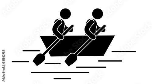 Silhouette of two people rowing a boat. Vector illustration
