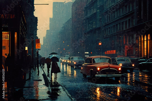 Scenes from the life of a city. streets in the rain. new york, 1950s, ai generative © ZoomTeam