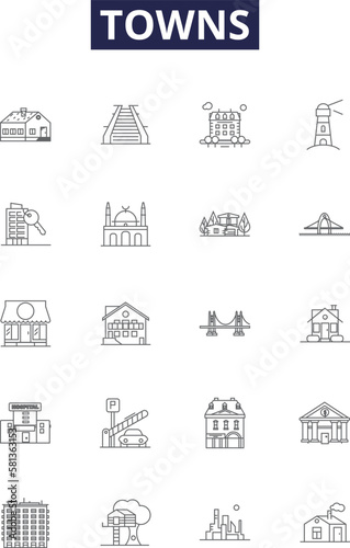 Towns line vector icons and signs. Cities, Townsfolk, Hamlets, Burroughs, Metropolises, Suburbs, Municipalities, Townships outline vector illustration set photo