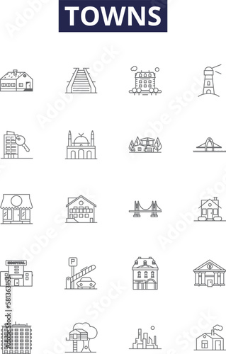Towns line vector icons and signs. Cities, Townsfolk, Hamlets, Burroughs, Metropolises, Suburbs, Municipalities, Townships outline vector illustration set