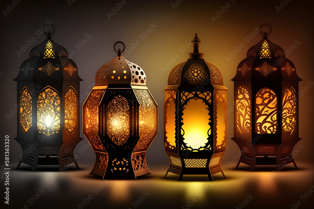 Arabic lanterns with burning candles shining at night on a dark background Ramadan, Generative AI 2 Arabic lanterns with burning candles shining at night on a dark background Ramadan, Generative AI 2