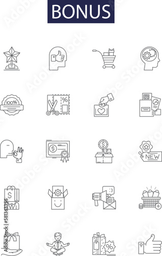 Bonus line vector icons and signs. Gratuity, Incentive, Tip, Payout, Subsidy, Windfall, Premium, Boon outline vector illustration set