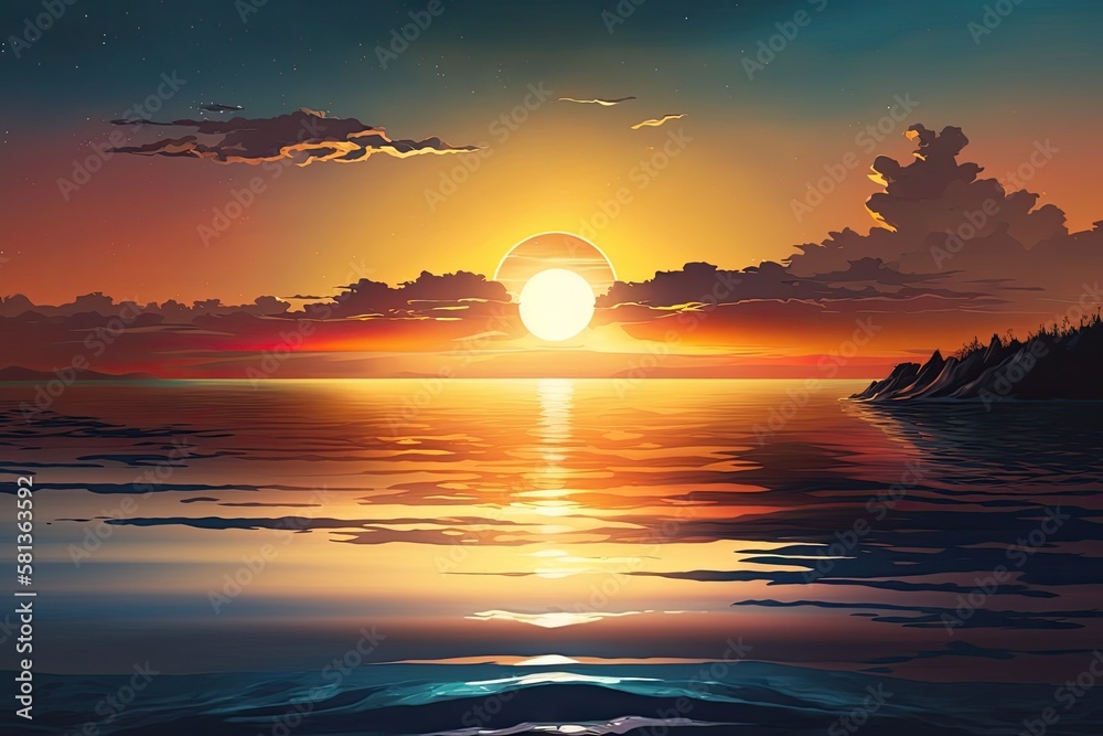 sunset over the water. Sunset over the sea. Horizontal sea at dusk. Sky at dusk and scenery. Generative AI