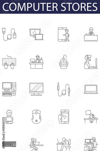 Computer stores line vector icons and signs. Stores, IT, Electronics, Warehouse, Retailer, PC, Desktops, Laptops outline vector illustration set
