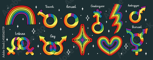 Set of LGBTQ community symbols. Pride month stickers. Sexual orientation icons.