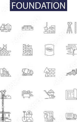 Foundation line vector icons and signs. Institution, Support, Vessel, Building, Platform, Origin, Idea, Crux outline vector illustration set