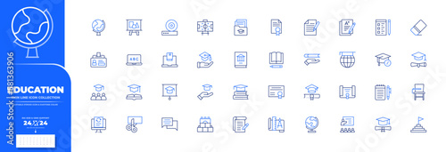 Education icon collection. UI icon. 24x24 pixel. Thin line icon. Editable stroke. Duotone color. globe, geometric shapes, friction, formation, folder, file, exam, eraser, employee, elearning.