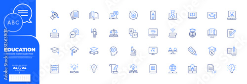 Education icon collection. UI icon. 24x24 pixel. Thin line icon. Editable stroke. Duotone color. pencil, paper, open book, online learning, online education, knowledge, linguistics, lecturer, law.