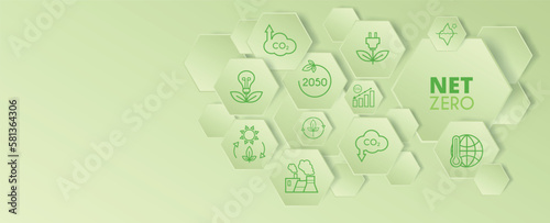 Nеt zero. Set of icons on a background of green hexagons. CO2 emissions. Ecology concept. vector illustration