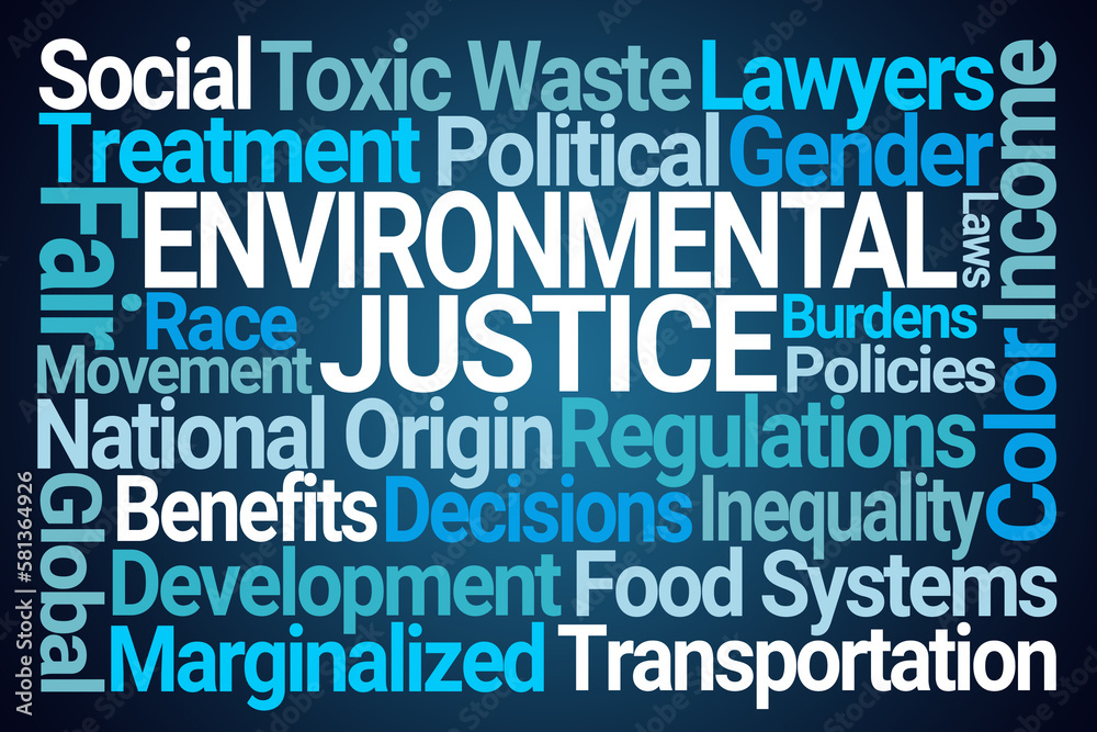 Environmental Justice Word Cloud on Blue Background