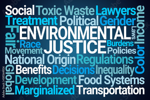 Environmental Justice Word Cloud on Blue Background