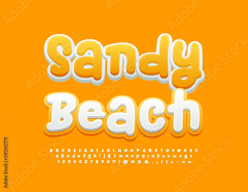Vector sunny Emblem Sandy Beach. Playful style Font. Funny creative Alphabet Letters  Numbers and Symbols set